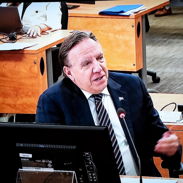 Quebec Premier François Legault is photographed on a screen while appearing before the Gallant Commission, in Montreal on Tuesday, Sept. 2, 2025. THE CANADIAN PRESS/Christopher Katsarov