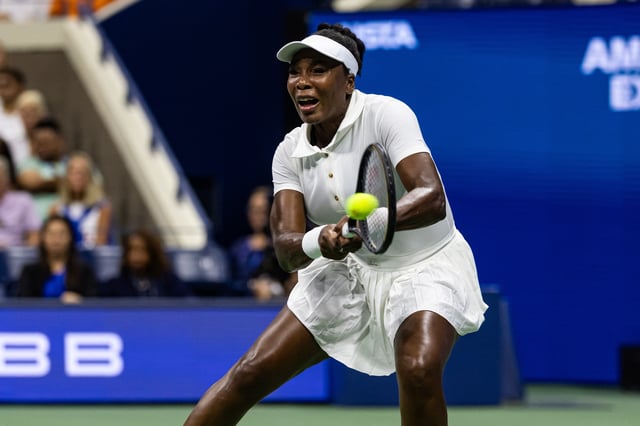 Aug 25, 2025; Flushing, NY, USA; Venus Williams of the United States in action against Karolina Muchova of Czech Republic in the first round of the women’s singles at the US Open at Arthur Ashes Stadium in Billie Jean King National Tennis Centre. Mandatory Credit: Mike Frey-Imagn Images