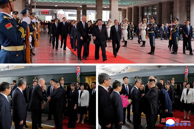 A combination picture released by the Korean Central News Agency on September 2, 2025, shows North Korean leader Kim Jong Un walking (top), and being greeted next to his daughter Kim Ju Ae by Director of the General Office of the Chinese Communist Party (CCP) Cai Qi (bottom left) and Chinese Foreign Minister Wang Yi (bottom right), after his arrival in Beijing, China. KCNA via REUTERS