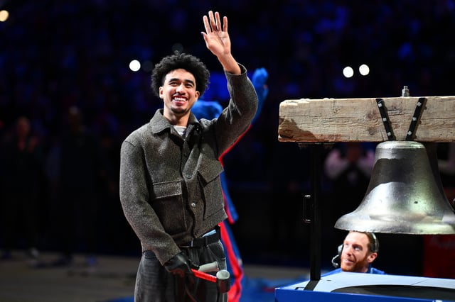 Jan 31, 2025; Philadelphia, Pennsylvania, USA; Philadelphia 76ers guard Jared McCain (20) reacts before the game against the Denver Nuggets at Wells Fargo Center. Mandatory Credit: Kyle Ross-Imagn Images/File Photo