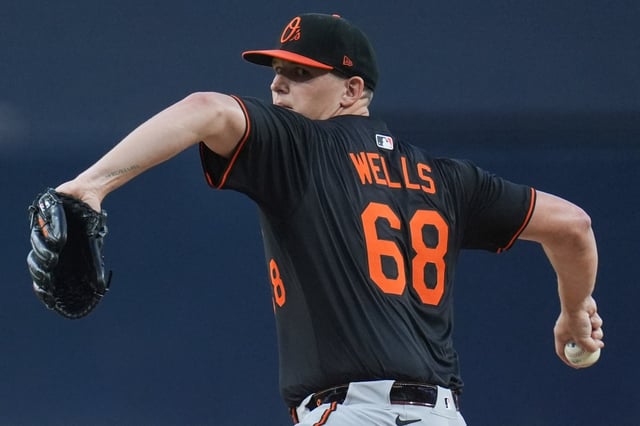 Baltimore Orioles starting pitcher Tyler Wells works against a San Diego Padres batter during the first inning of a baseball game Tuesday, Sept. 2, 2025, in San Diego. (AP Photo/Gregory Bull)