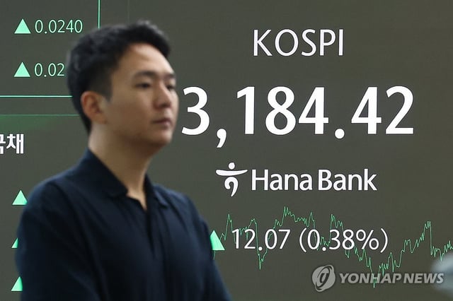The closing benchmark Korea Composite Stock Price Index is displayed on a screen in the dealing room of Hana Bank in central Seoul on Sept. 3, 2025. (Yonhap)