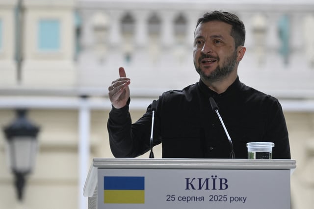 Ukrainian President Volodymyr Zelensky speaks during a press conference with the prime minister of Norway following talks at Mariinskyi Palace in Kyiv on August 25, 2025.