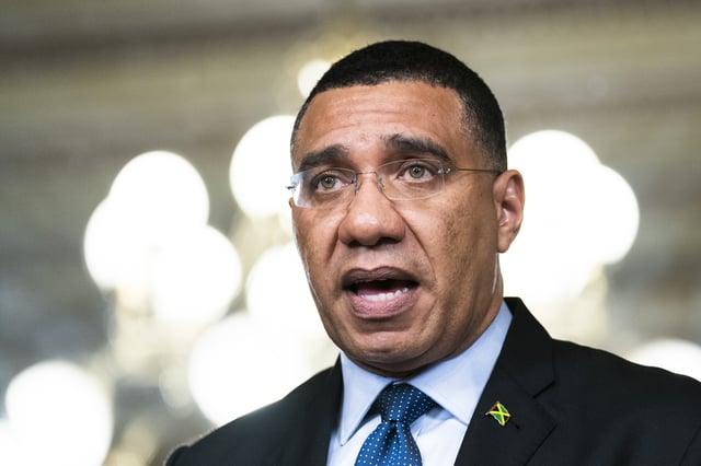 FILE - Prime Minister of Jamaica Andrew Holness speaks following a meeting with Vice President Kamala Harris at the Eisenhower Executive Office Building on the White House complex, in Washington, Wednesday, March 30, 2022. (AP Photo/Manuel Balce Ceneta, File)