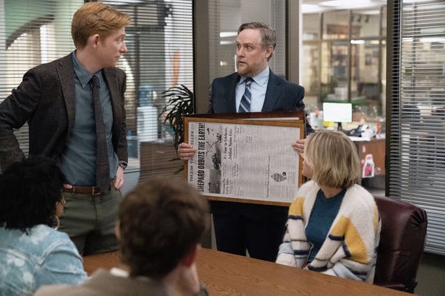 Domhnall Gleeson, left, as Ned and Tim Key as Ken in the new Peacock comedy “The Paper.”