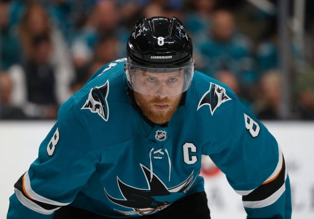 SAN JOSE, CA – May 8: San Jose Sharks’ Joe Pavelski (8) waits for a face-off against the Colorado Avalanche in the first period of Game 7 of an NHL hockey second-round playoff series at the SAP Center in San Jose, Calif., on Wednesday, May 8, 2019. (Nhat V. Meyer/Bay Area News Group)