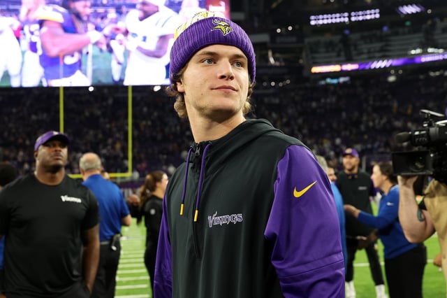 MINNEAPOLIS, MINNESOTA - NOVEMBER 03: J.J. McCarthy #9 of the Minnesota Vikings looks on after the game against the Indianapolis Colts at U.S. Bank Stadium on November 03, 2024 in Minneapolis, Minnesota. The Vikings defeated the Colts 21-13. (Photo by David Berding/Getty Images)