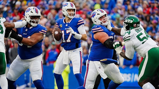 Buffalo Bills quarterback Josh Allen (17) gets pass protection from Buffalo Bills guard O'Cyrus Torrence (64) and Buffalo Bills guard Connor McGovern (66) during first half action at the Bills home game against the New York Jets at Highmark Stadium in Orchard Park on Dec. 29, 2024. Tina MacIntyre-Yee/Democrat and Chronicle / USA TODAY NETWORK via Imagn Images