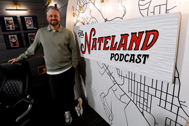 Nate Bargatze in the room he records his Nateland podcast at Zanies Comedy Night Club Monday, April 28, 2025 in Nashville, Tenn.