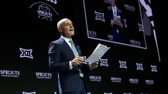 Oct 22, 2024; Kansas City, MO, USA; Big 12 Commissioner Brett Yormark speaks to media during Big 12 Women’s Basketball Media Day at T-Mobile Center. Mandatory Credit: Jay Biggerstaff-Imagn Images
