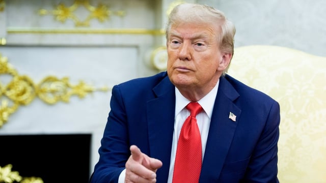 US President Donald Trump during a meeting with Karol Nawrocki, Poland's president, not pictured, in the Oval Office of the White House in Washington, DC, US, on Wednesday, Sept. 3, 2025. 