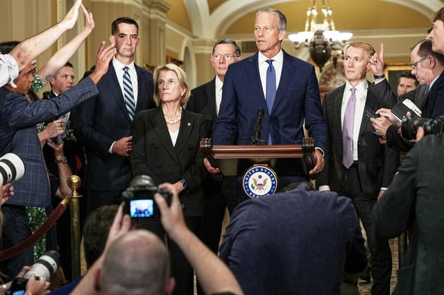Sen. Majority Leader John Thune, R-S.D., during a news conference at the Capitol on July 29, 2025.