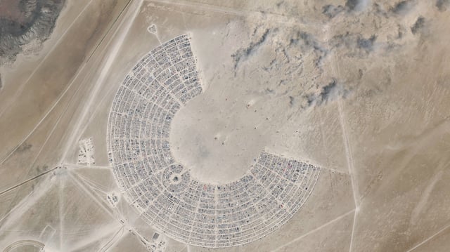 BLACK ROCK DESERT, NEVADA — AUGUST 29, 2023:  Maxar satellite imagery of the 2023 Burning Man Festival held in the Black Rock Desert about 100 miles north of Reno, NV.  Please use: Satellite image (c) 2024 Maxar Technologies.