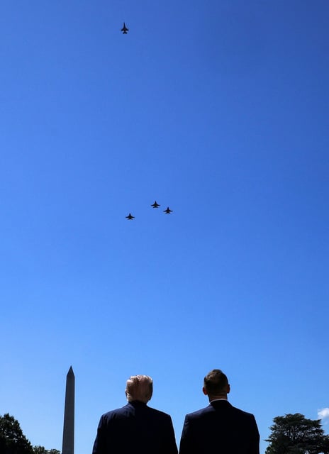 President Donald Trump and the Polish PresidentKarol Nawrocki watch a flyover of military planes at the White House in Washington, D.C., U.S., September 3, 2025.