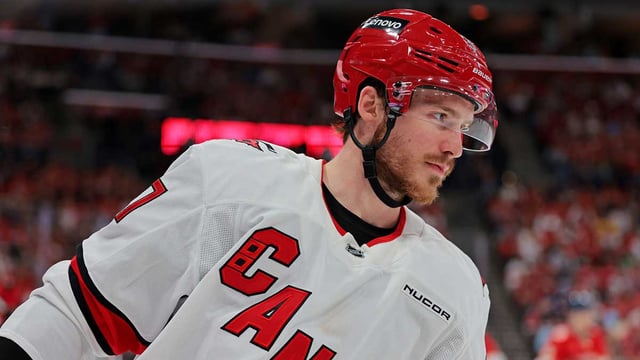 May 26, 2025; Sunrise, Florida, USA; Carolina Hurricanes right wing Andrei Svechnikov (37) during the second period against the Florida Panthers in game four of the Eastern Conference Final of the 2025 Stanley Cup Playoffs at Amerant Bank Arena. Mandatory Credit: Sam Navarro-Imagn Images
