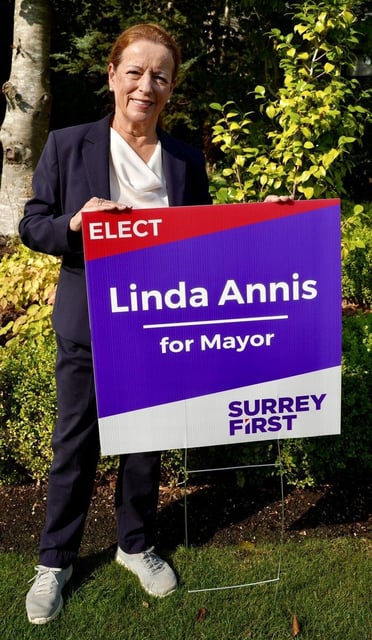  Two-term Surrey First Councillor Linda Annis has announced she is running for mayor in the October, 2026 municipal election. Photos courtesy Surrey First.