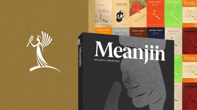 The MUP logo, the most recent Meanjin edition, and issues of the publication reaching back to 1940 (Image: Private Media/MUP/Meanjin)