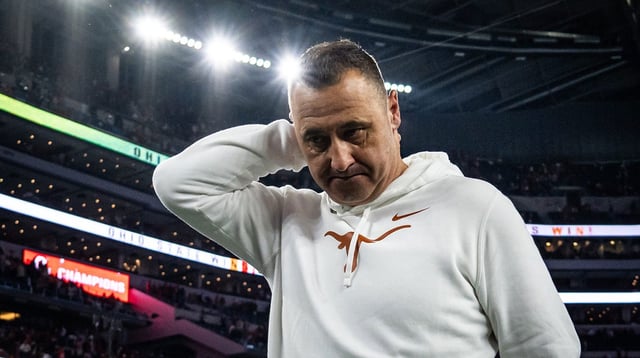 Texas coach Steve Sarkisian reacts as he heads to the locker room after his team's loss to Ohio State in the 2025 Cotton Bowl at A&T Stadium in Dallas.