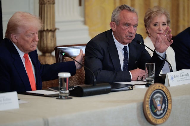 President Donald Trump, Health and Human Services Secretary Robert F. Kennedy Jr. and Education Secretary Linda McMahon hold an event for a new Make America Healthy Again Commission report in the White House on May 22.
