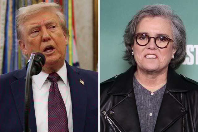 L:  U.S. President Donald Trump speaks to the media in the Oval Office at the White House on September 2, 2025 in Washington, DC. R: Rosie O'Donnell attends Sky's UK Premiere of "The Last of Us" Season II at Vue West End on April 10, 2025 in London, England.