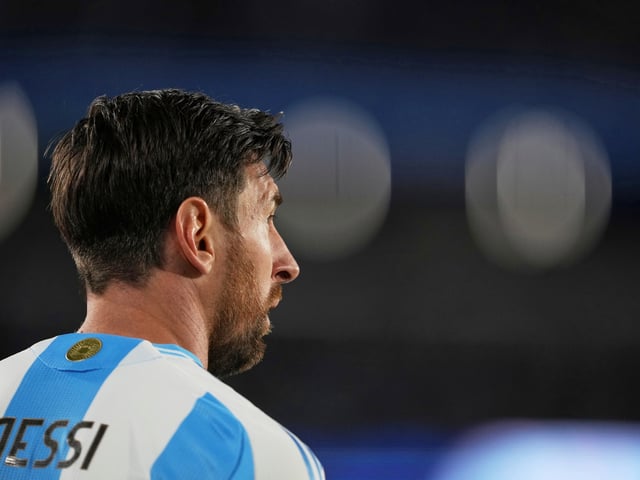 Argentina's Lionel Messi looks on during a qualifying soccer match against Colombia for the FIFA World Cup 2026 at the Monumental stadium in Buenos Aires, Argentina, Tuesday, June 10, 2025. (AP Photo/Natacha Pisarenko)