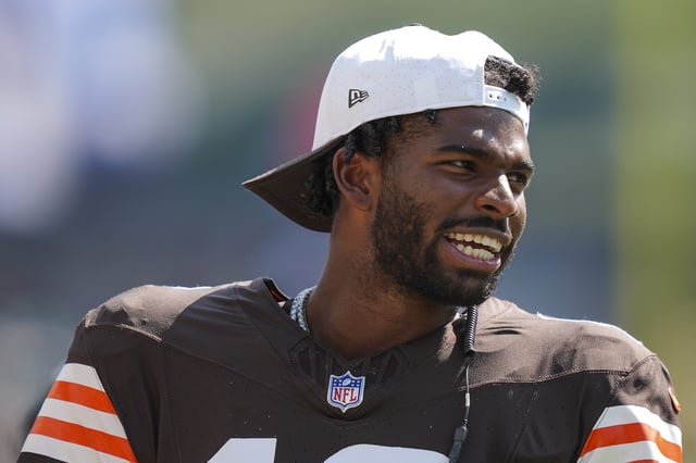 Shedeur Sanders #12 of the Cleveland Browns looks on from the sideline during an NFL preseason football game against the Philadelphia Eagles at Lincoln Financial Field on August 16, 2025 in Philadelphia, Pennsylvania.