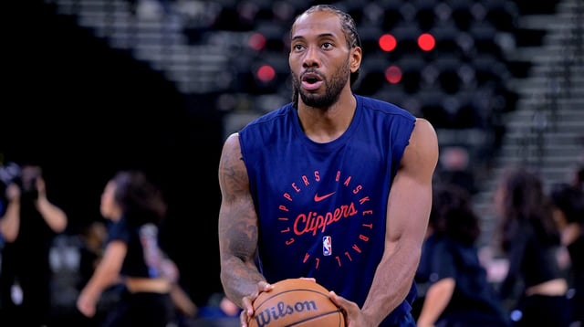Apr 26, 2025; Inglewood, California, USA; Los Angeles Clippers forward Kawhi Leonard (2) warms up prior to game four of round one of the 2024 NBA Playoffs at Intuit Dome. Mandatory Credit: Jayne Kamin-Oncea-Imagn Images