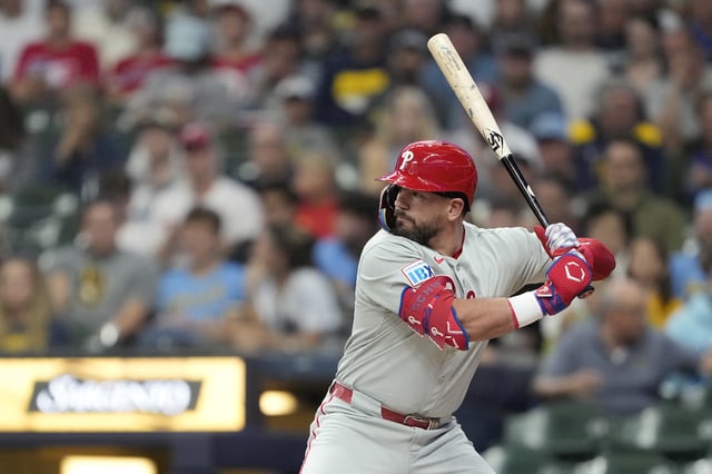 MILWAUKEE, WISCONSIN - SEPTEMBER 03: Kyle Schwarber #12 of the Philadelphia Phillies bats against the Milwaukee Brewers in the first inning at American Family Field on September 03, 2025 in Milwaukee, Wisconsin.