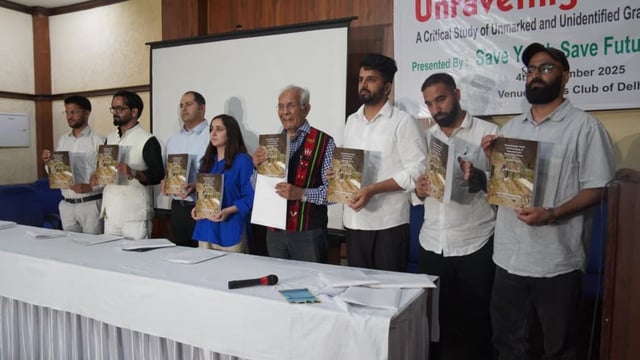 Save Youth, Save Future NGO Chairman Wajahat Farooq Bhat, former Chief Information Commissioner of India, Wajahat Habibullah and Anika Nazir, Women's Wing President of the NGO, releasing their report 'Unravelling the Truth: A Critical Study of Unmarked and Unidentified Graves in Kashmir Valley' in New Delhi | By special arrangement