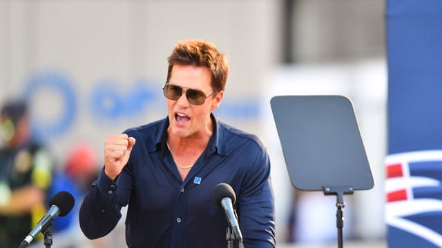 Former New England Patriots quarterback Tom Brady speaks after a bronze statue of himself was unveiled in Patriot Place Plaza.