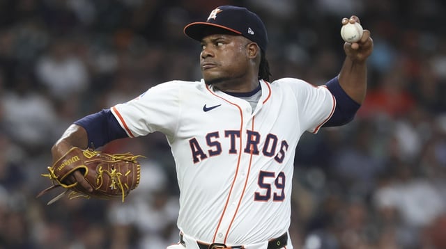 Sep 2, 2025; Houston, Texas, USA; Houston Astros starting pitcher Framber Valdez (59) delivers a pitch during the first inning against the New York Yankees at Daikin Park. Mandatory Credit: Troy Taormina-Imagn Images