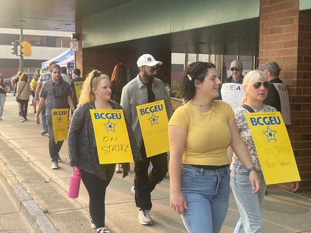 BCGEU and PEA workers picket in front of provincial government offices on 4th and Queensway on Tuesday, Sept. 2, 2025 in Prince George, BC