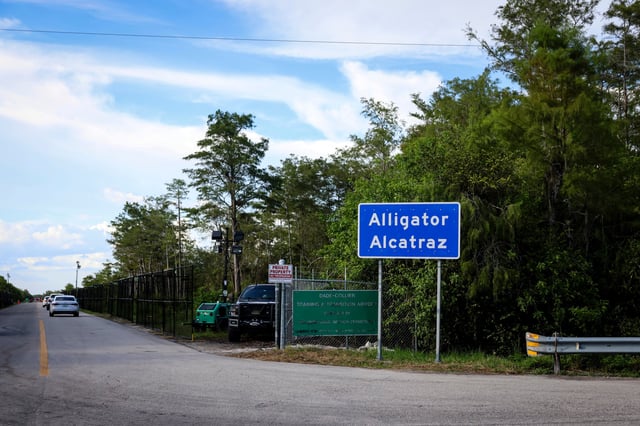 The entrance of "Alligator Alcatraz" ICE detention center in the Dade-Collier Training and Transition Airport in Ochopee, Florida, U.S. August 3, 2025. REUTERS/Eva Marie Uzcategui/File Photo