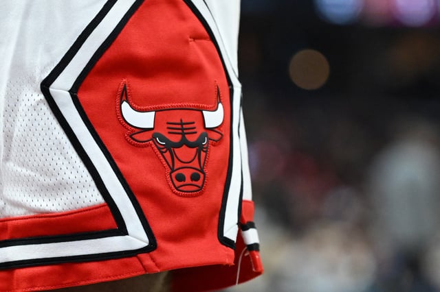 A view of the Chicago Bulls logo during the first half against the Cleveland Cavaliers at Rocket Arena on April 08, 2025 in Cleveland, Ohio.