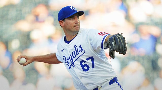 Jul 8, 2025; Kansas City, Missouri, USA; Kansas City Royals starting pitcher Seth Lugo (67) pitches during the first inning against the Pittsburgh Pirates at Kauffman Stadium.