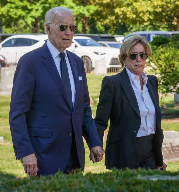 Former President Joe Biden and his sister Valerie Biden Owens arrive at the funeral for former governor and Rep. Mike Castle at St. Joseph on the Brandywine Church in Greenville, Del., on Aug. 22, 2025.