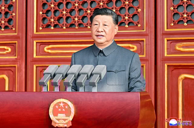Chinese President Xi Jinping speaks during a military parade marking the 80th anniversary of the end of World War Two, in Beijing, China, in this picture released by the Korean Central News Agency, September 3, 2025.   KCNA via REUTERS/File photo