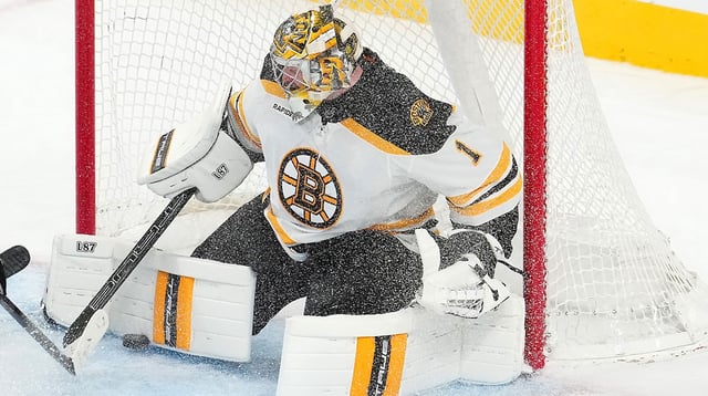 Mar 20, 2025; Las Vegas, Nevada, USA; Boston Bruins goaltender Jeremy Swayman (1) makes a save against the Vegas Golden Knights during the third period at T-Mobile Arena. Mandatory Credit: Stephen R. Sylvanie-Imagn Images