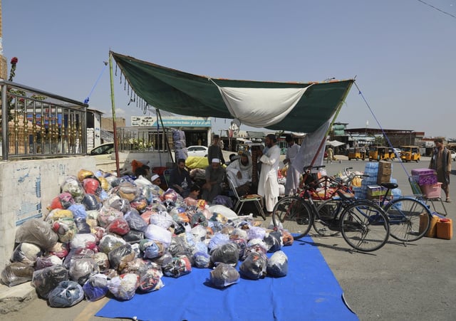 Afghan volunteers collect donations for victims of a powerful 6.0-magnitude earthquake that struck eastern Afghanistan on Sunday, in Jalalabad, Afghanistan, Thursday, Sept. 4, 2025. (AP Photo/Siddiqullah Alizai)