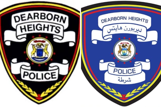 L: The Dearborn Heights Police Badge. R: The Mockup of the Dearborn Heights Police Badge, with Arabic writing.
