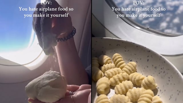 A chef makes pasta during a flight.