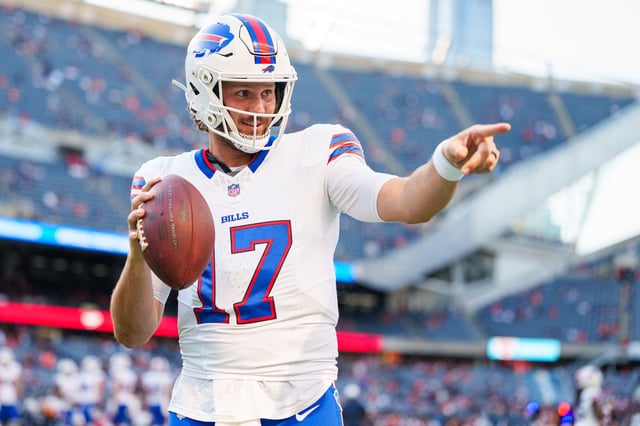 CHICAGO, ILLINOIS - AUGUST 17: Josh Allen #17 of the Buffalo Bills warms up prior to an NFL preseason football game against the Chicago Bears at Solider Field on August 17, 2025 in Chicago, Illinois.