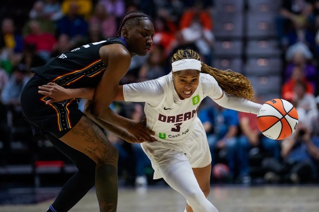 Jordin Canada #3 of the Atlanta Dream is defended by Saniya Rivers #22 of the Connecticut Sun during the second half of a WNBA basketball game at Mohegan Sun Arena on September 1, 2025 in Uncasville, Connecticut.