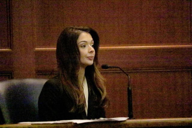 Lindsey Langston, the reigning Miss United States, takes the stand in court in Lake City, Fla., on Friday, Sept. 5, 2025. Langston is seeking a restraining order against her ex-boyfriend U.S. Rep. Cory Mills. Langston has accused Mills of threatening to release nude videos of her and harm her future romantic interests. Mills denies those accusations. (Tony Britt/Lake City Reporter)
