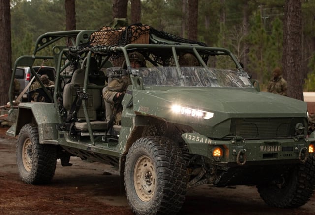 Paratroopers from 2nd Brigade Combat Team, 82nd Airborne Division, ride in an Infantry Squad Vehicle during Falcon Avalanche at Fort Liberty, North Carolina, Feb. 6, 2025. (U.S. Army photo by Sgt. Devyn Adams)