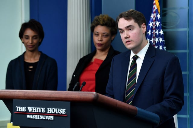 Deputy press secretary Andrew Bates speaks at a press briefing, Washington, DC, March 28, 2022.