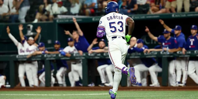 Aug 27, 2025; Arlington, Texas, USA;  Texas Rangers right fielder Adolis Garcia (53) runs the bases after hitting a three-run home run during the first inning against the Los Angeles Angels at Globe Life Field. Mandatory Credit: Kevin Jairaj-Imagn Images