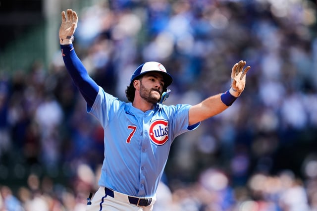 Cubs shortstop Dansby Swanson rounds the bases after hitting a three-run home run in the first inning against the Nationals on Friday, Sept. 5, 2025, at Wrigley Field. (Erin Hooley/AP)