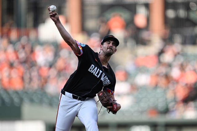 Baltimore Orioles pitcher Dean Kremer throws during the first inning of a baseball game against the Colorado Rockies in Baltimore, Friday, July 25, 2025. (AP Photo/Terrance Williams)