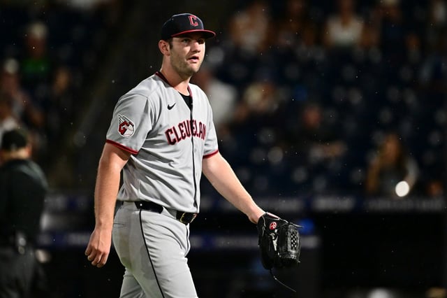 TAMPA, FLORIDA - SEPTEMBER 05: Gavin Williams #32 of the Cleveland Guardians looks on following the sixth inning against the Tampa Bay Rays at George M. Steinbrenner Field on September 05, 2025 in Tampa, Florida. (Photo by Julio Aguilar/Getty Images)